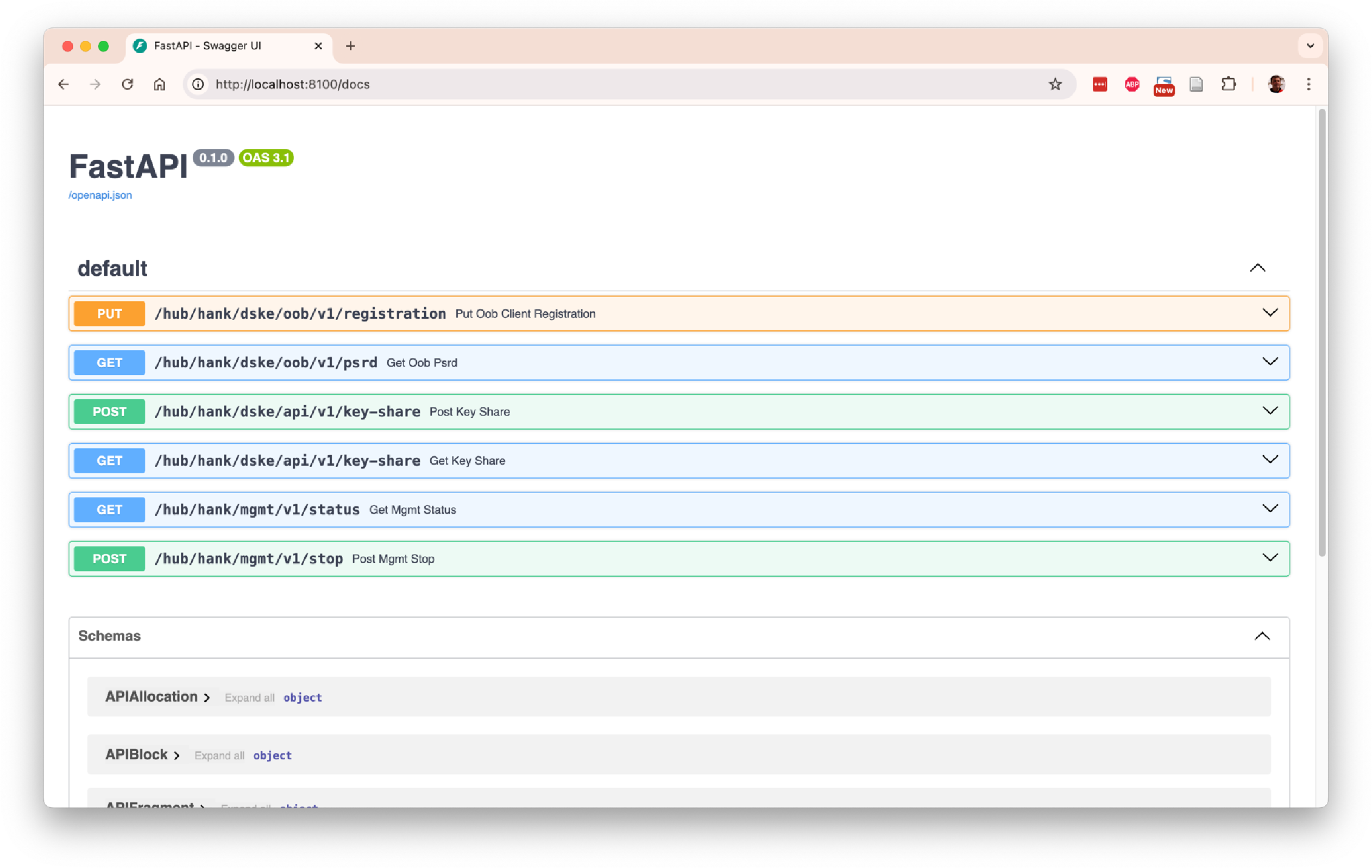 Swagger documentation for hub hank