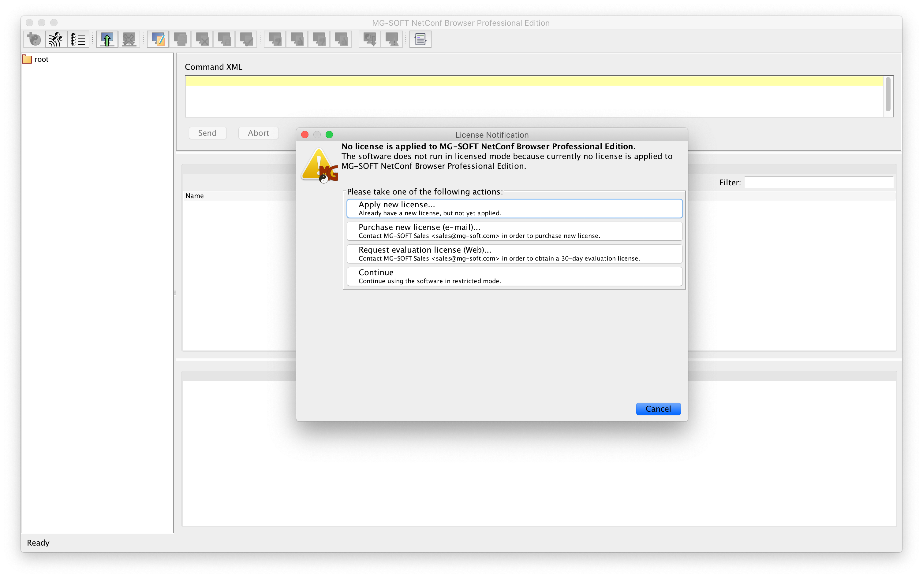 MG-SOFT NetConf Browser first time startup screen