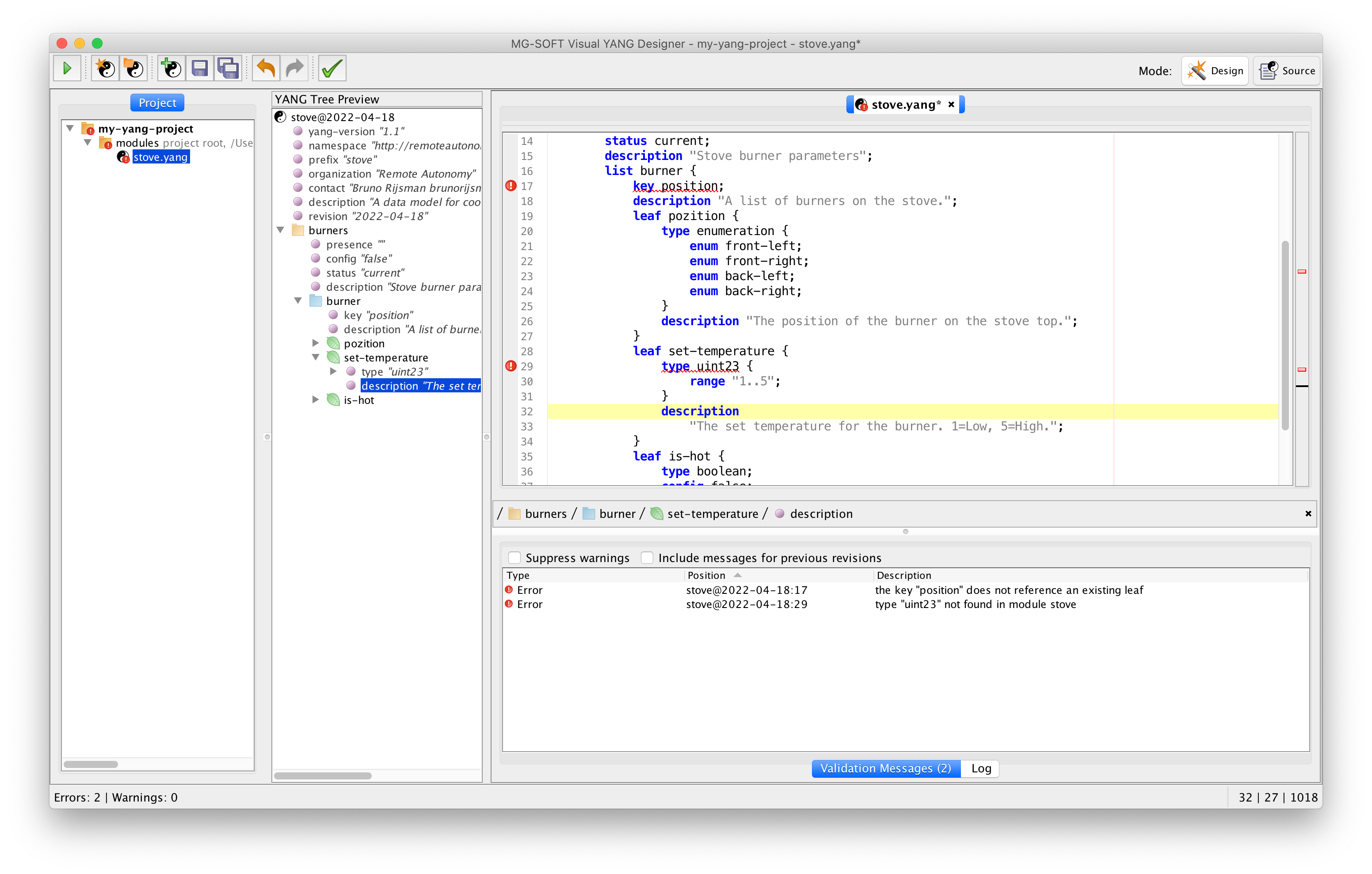 MG-SOFT Visual YANG Designer errors