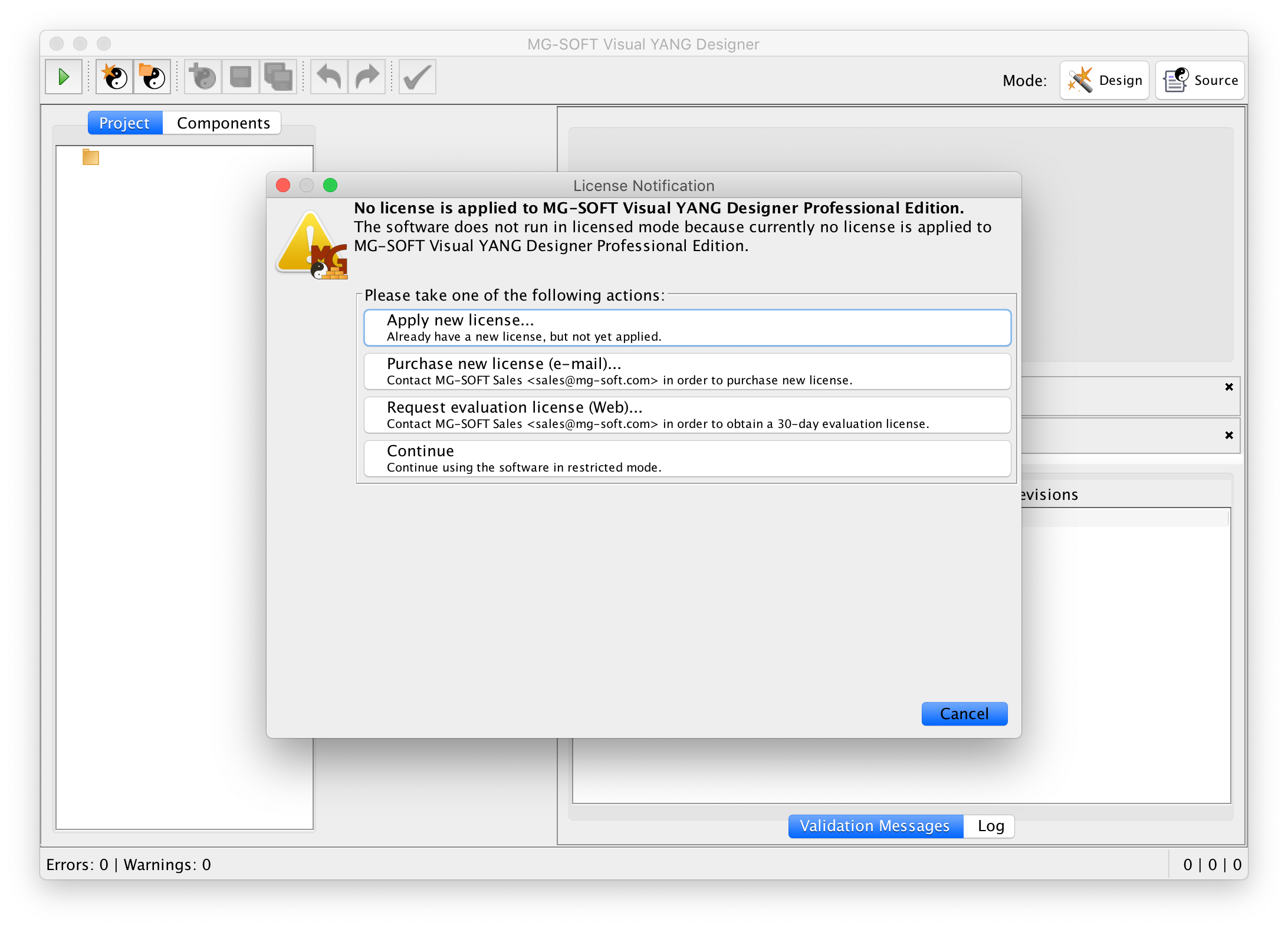 MG-SOFT Visual YANG Designer first time startup screen