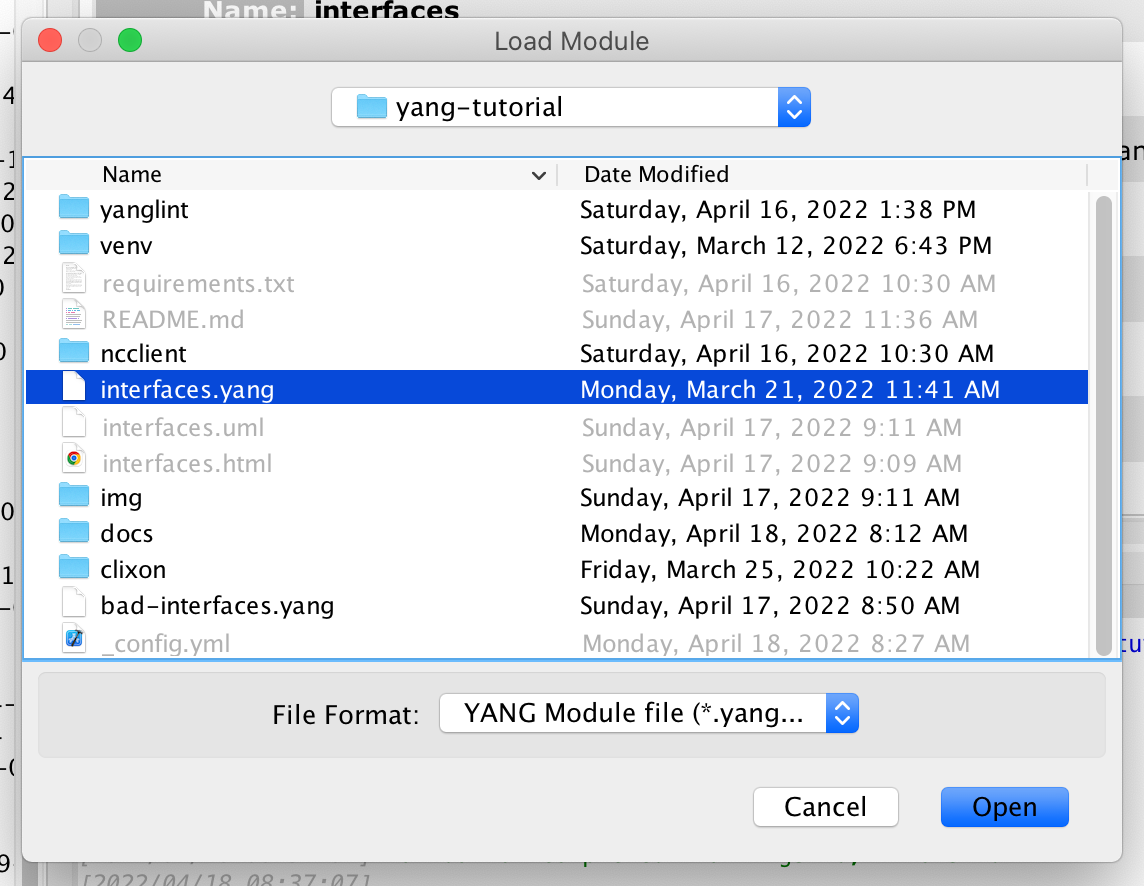 MG-SOFT YANG Explorer - choose YANG module
