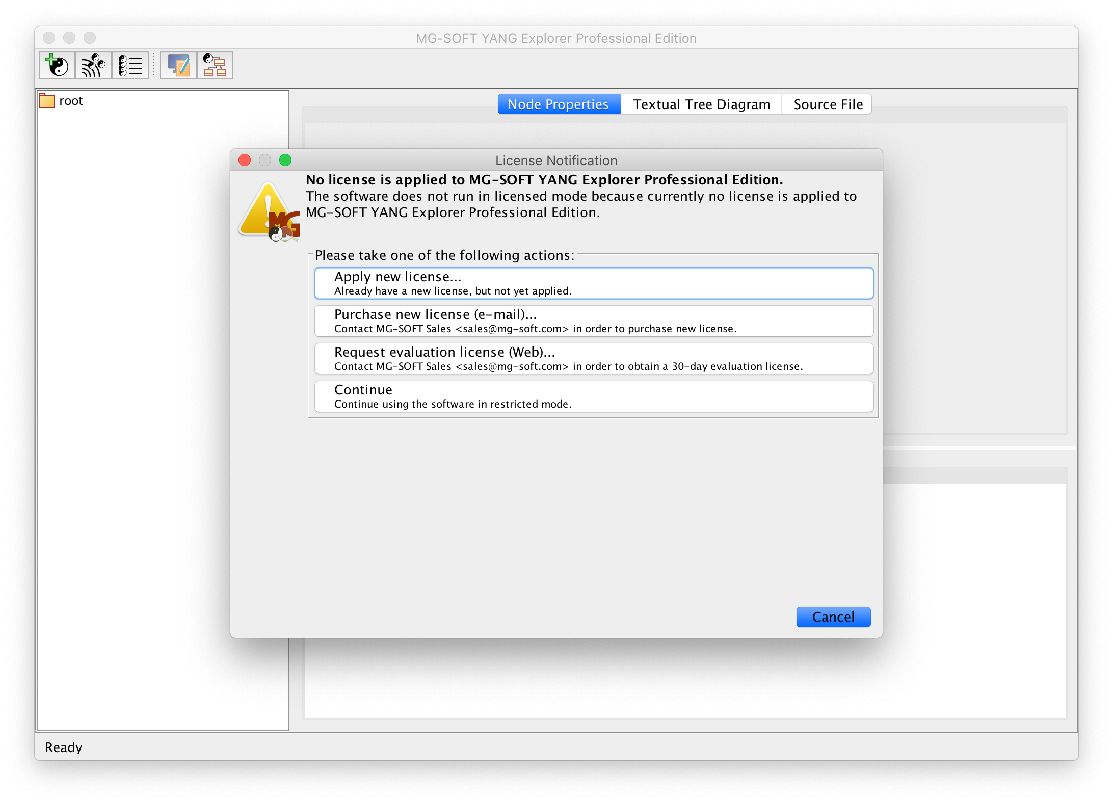 MG-SOFT YANG Explorer first time startup screen
