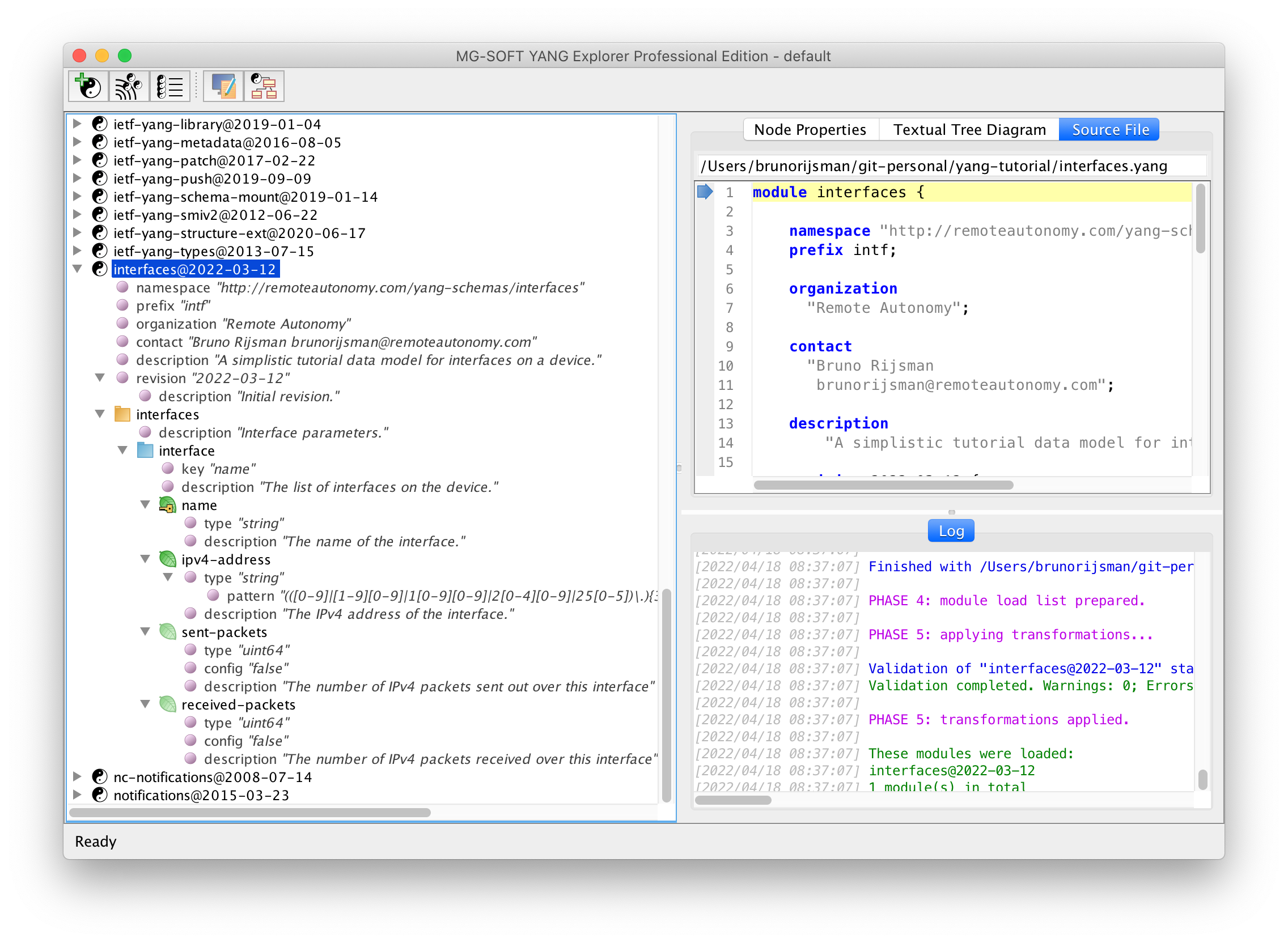 MG-SOFT YANG Explorer - interfaces model expanded subtree