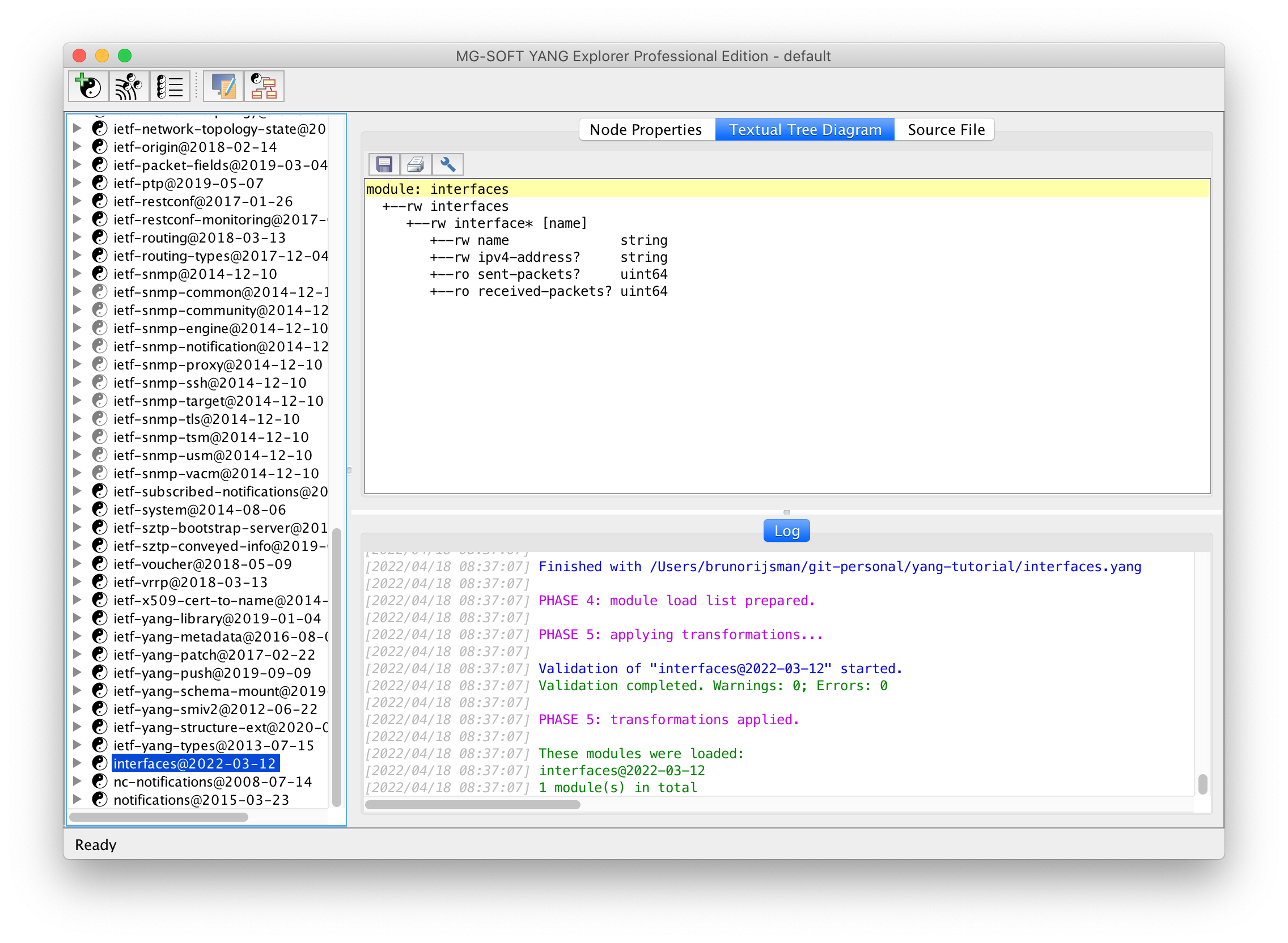 MG-SOFT YANG Explorer - interfaces model text tree