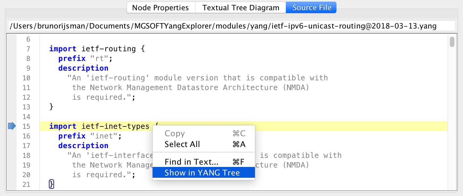 MG-SOFT YANG Explorer - show in YANG tree