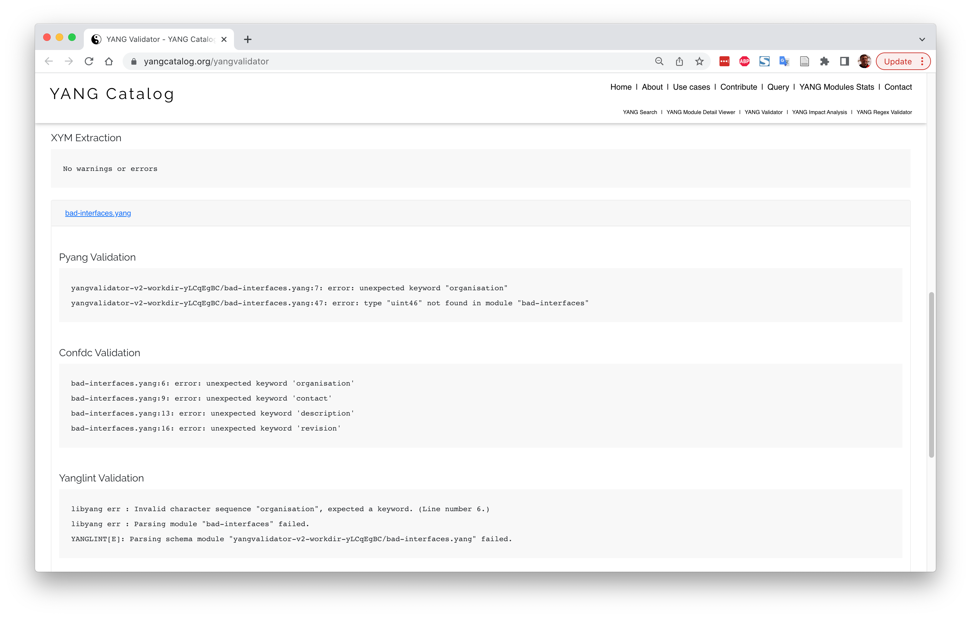 YANG validator - bad validation results 