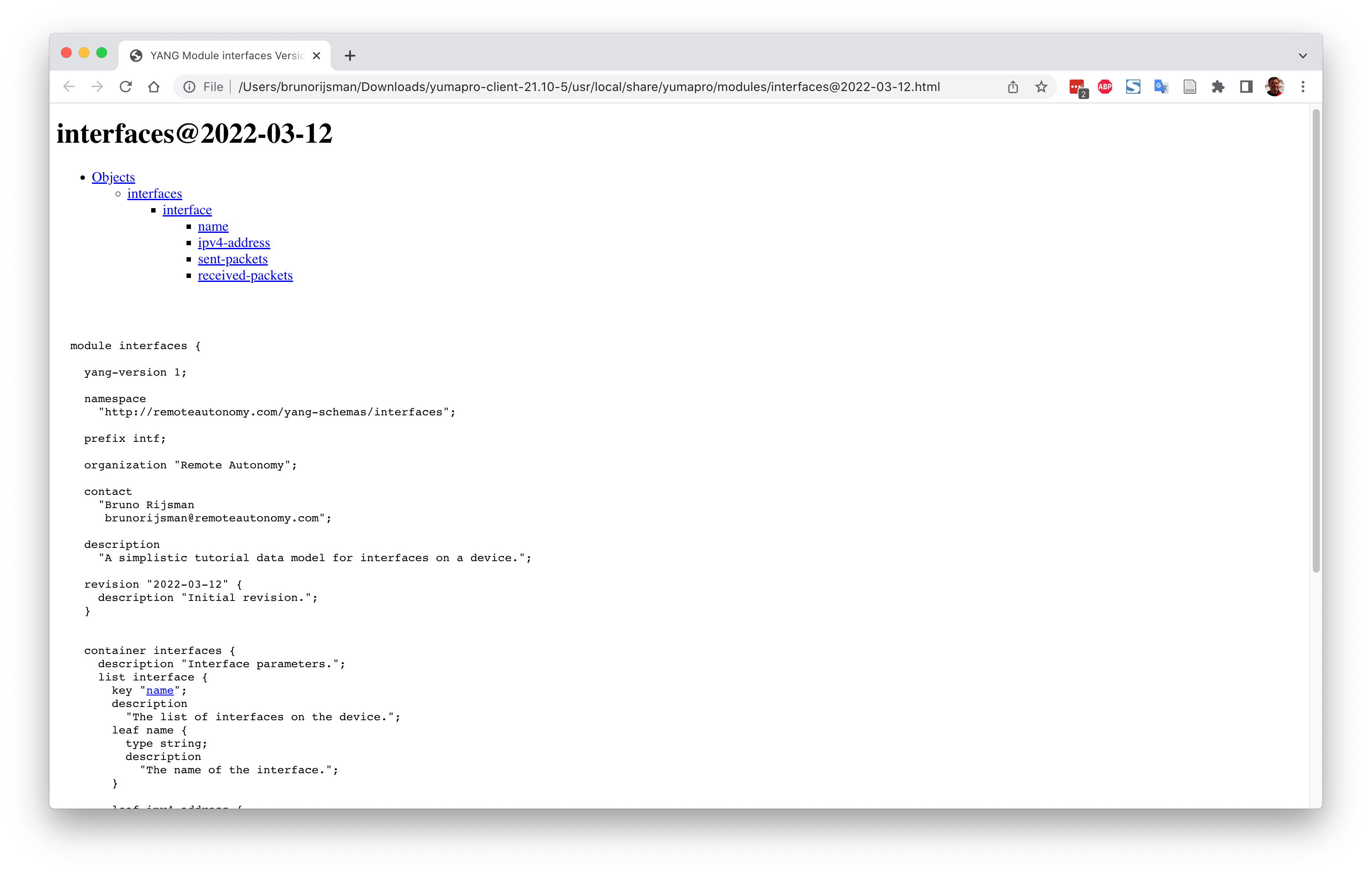 YumaPro Client YangDump HTML file